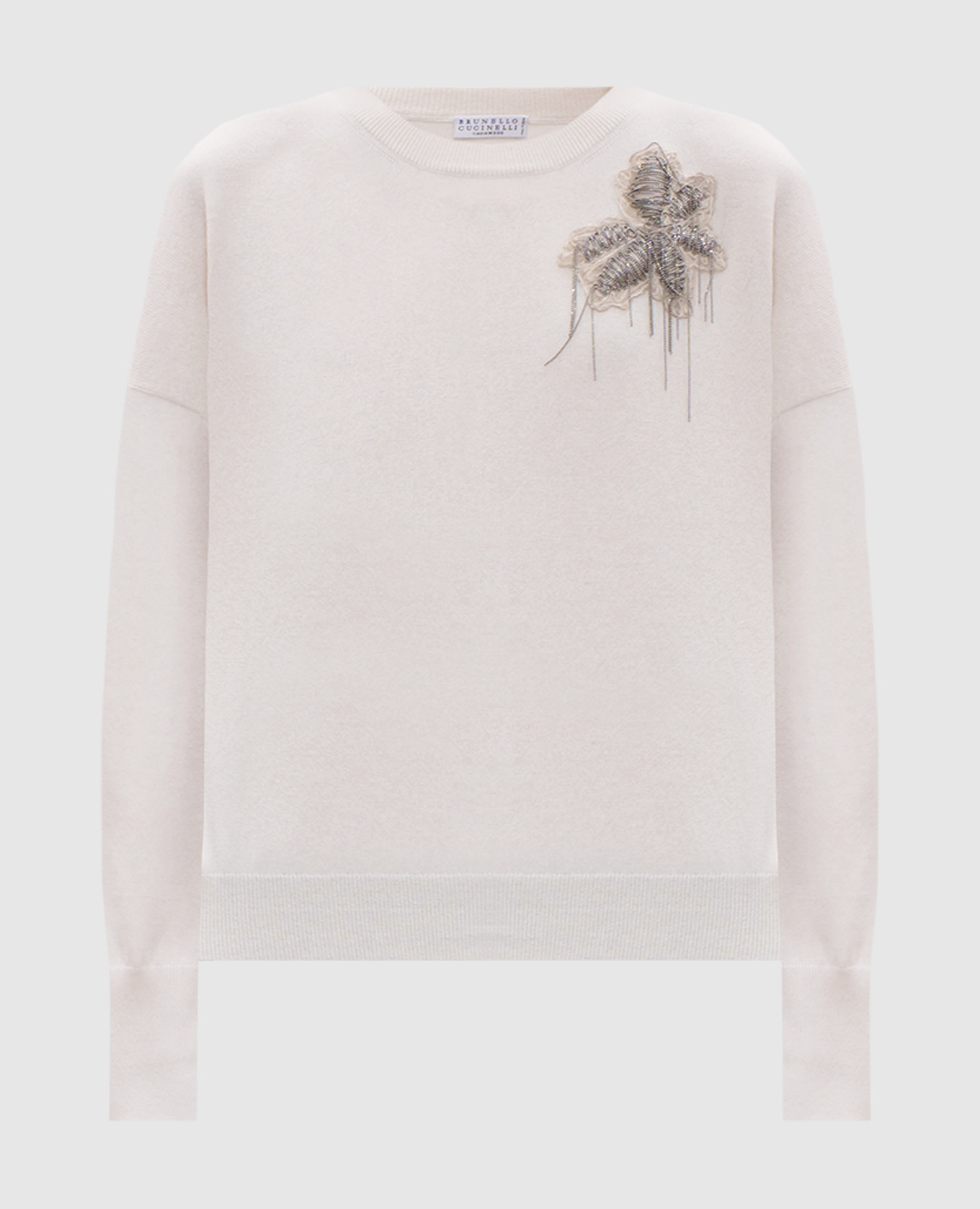 

Beige cashmere jumper with flower appliqué and monil chain Brunello Cucinelli