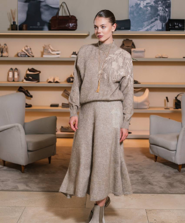 Brunello Cucinelli - Beige midi skirt with wool and cashmere
