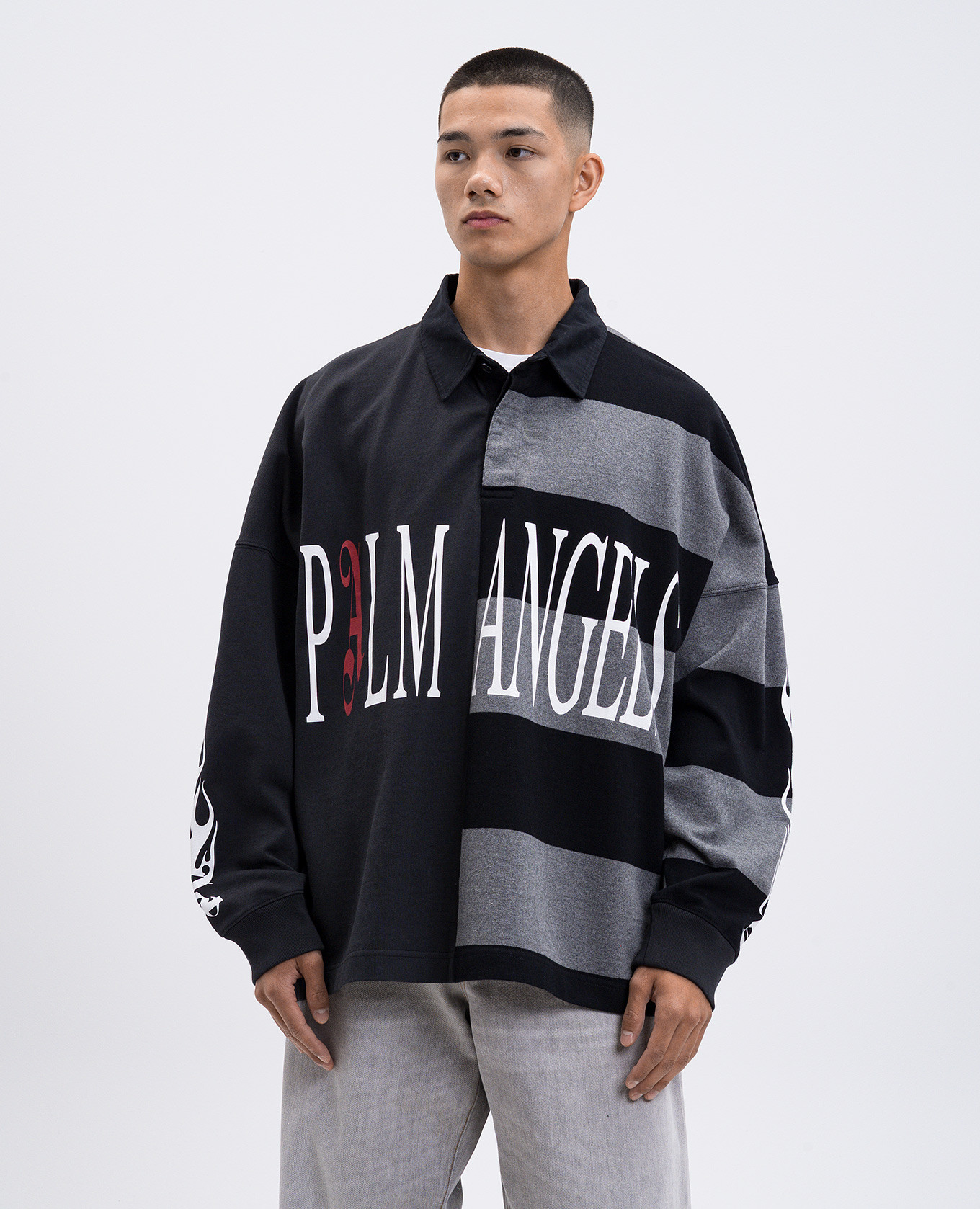 Grey long-sleeved polo collar Palm Angels 3