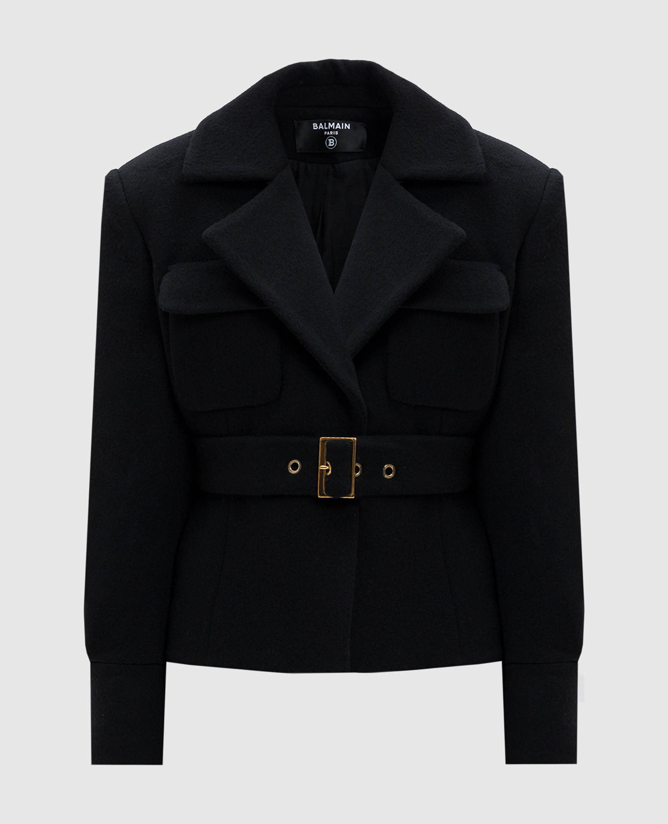 

Black wool and cashmere cropped coat with belt Balmain