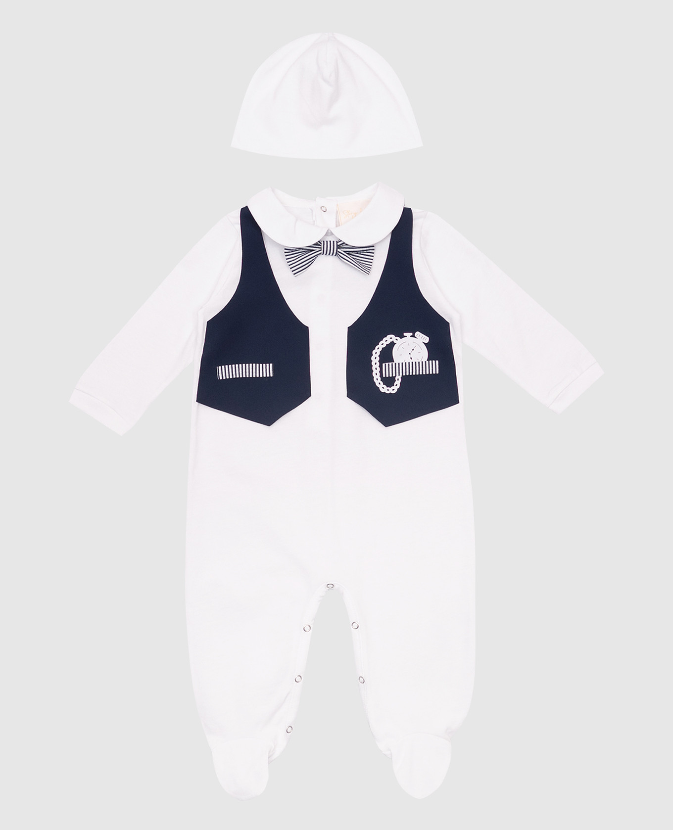 

Children's white set of overalls, hat and envelope with applique Story Loris