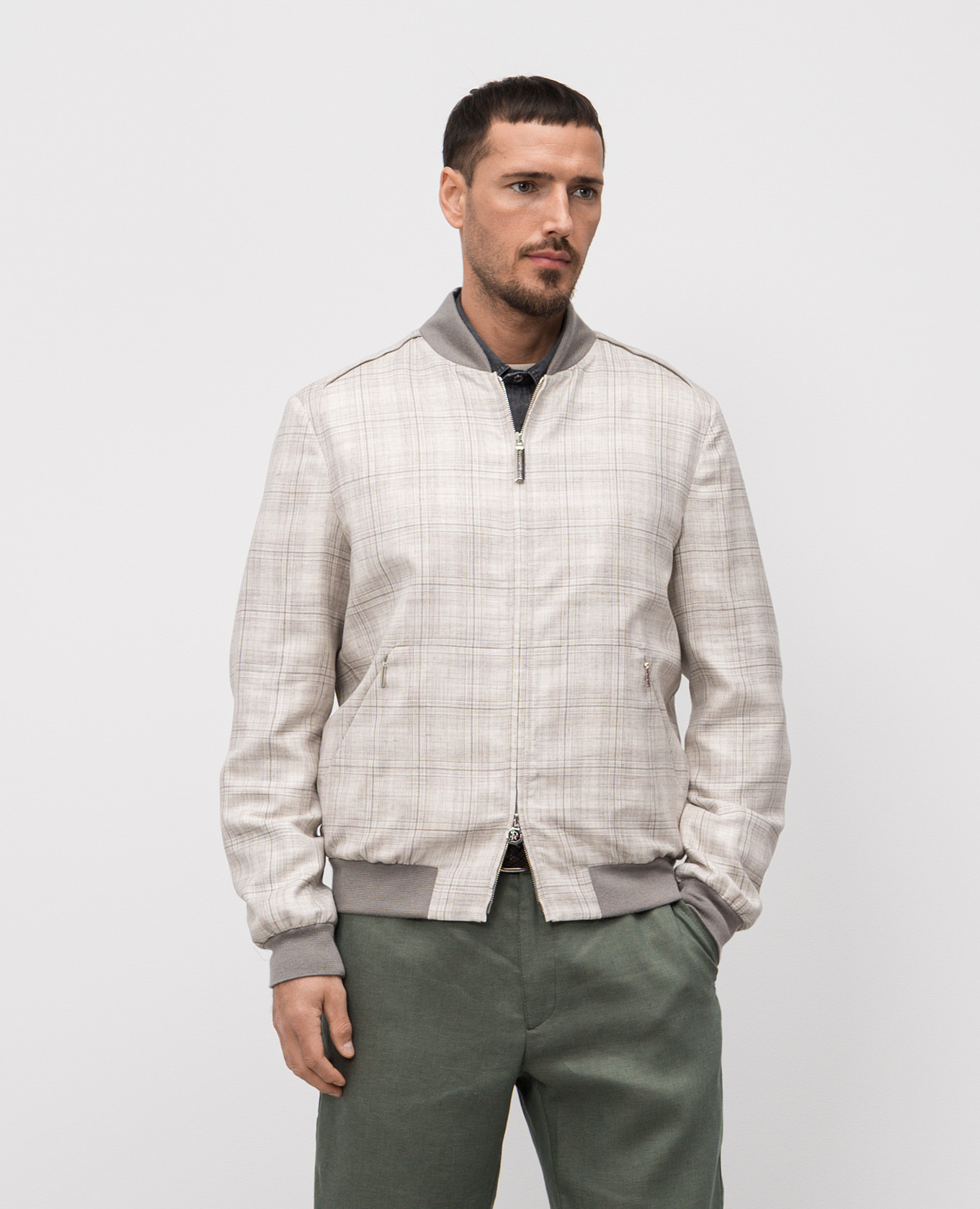 

Gray wool, silk and linen check bomber jacket Stefano Ricci, Grey