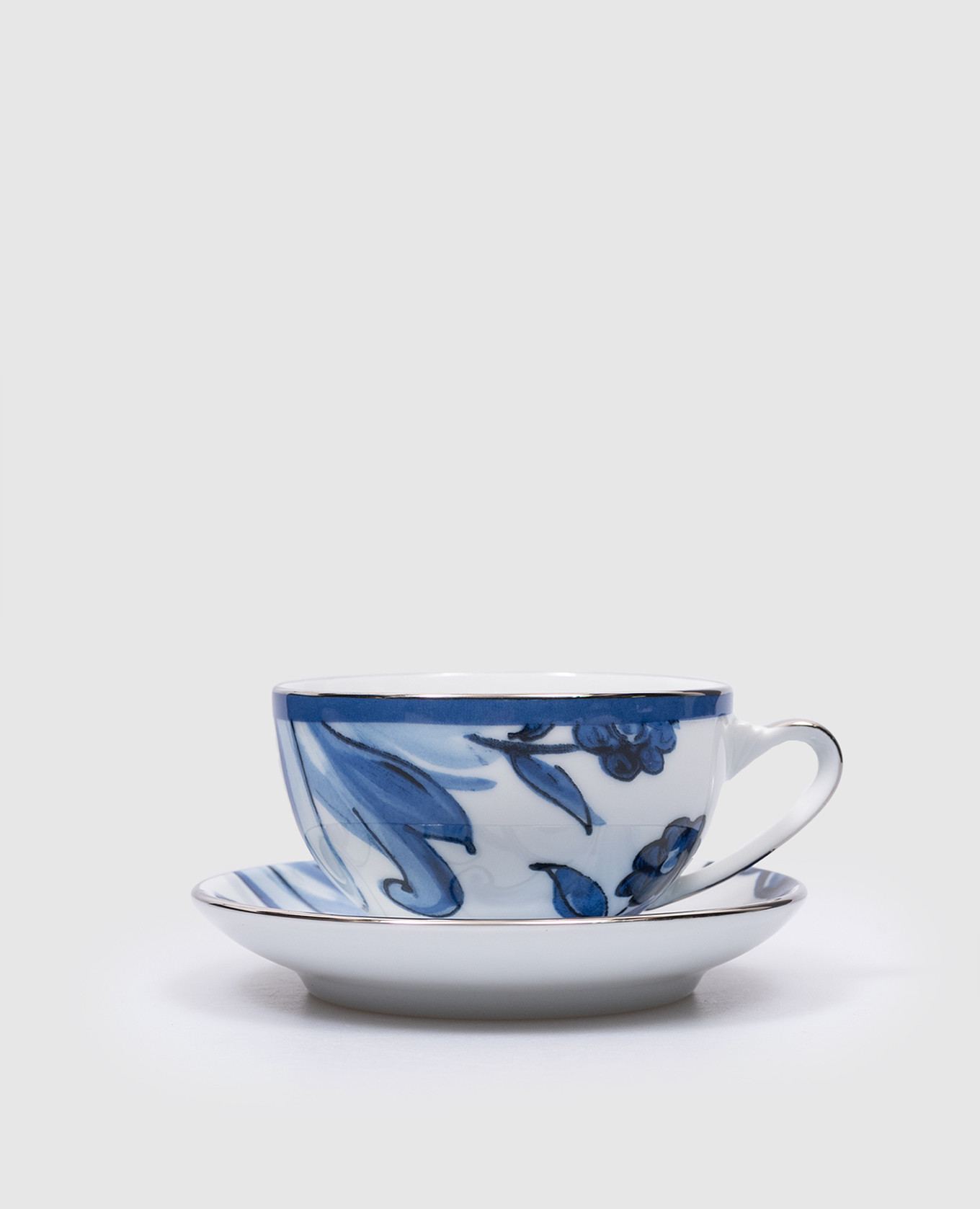 Porcelain white cup and saucer set with Blu Mediterraneo print