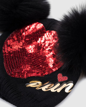 Philipp Plein Children's black merino wool hat with sequins GAC0005
