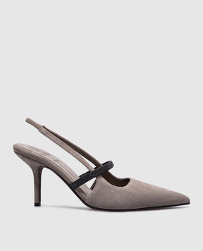 Brunello Cucinelli Gray suede slingbacks with monil chain MZSFC2508