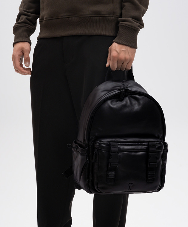 Ami Paris - Black leather backpack with Ami de Coeur logo