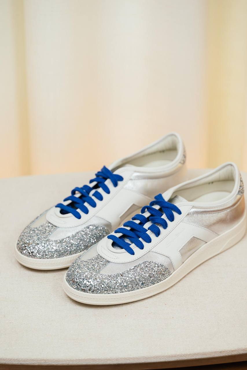 Silver leather sneakers with glitter Santoni 6