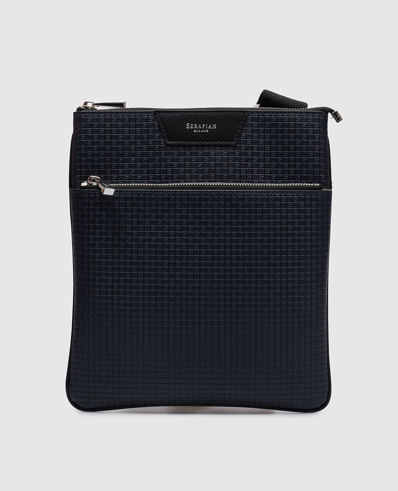 

Blue leather tablet bag with embossed logo monogram Serapian