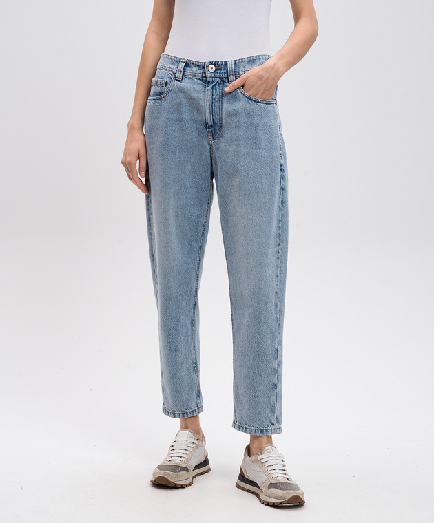 デニム・ジーパン BRUNELLO CUCINELLI Jeans Monile Light Blue MA095P5319 Brunello Cucinelli - Blue mom jeans with leather logo patch
