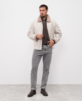 Brunello Cucinelli Gray sheepskin coat with textured stripe MPMPE2055
