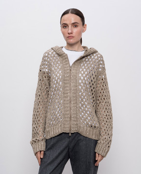 Brunello Cucinelli Beige openwork cardigan with hood MEA338206