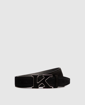Kiton Black suede belt with monogram logo USC20PN00977