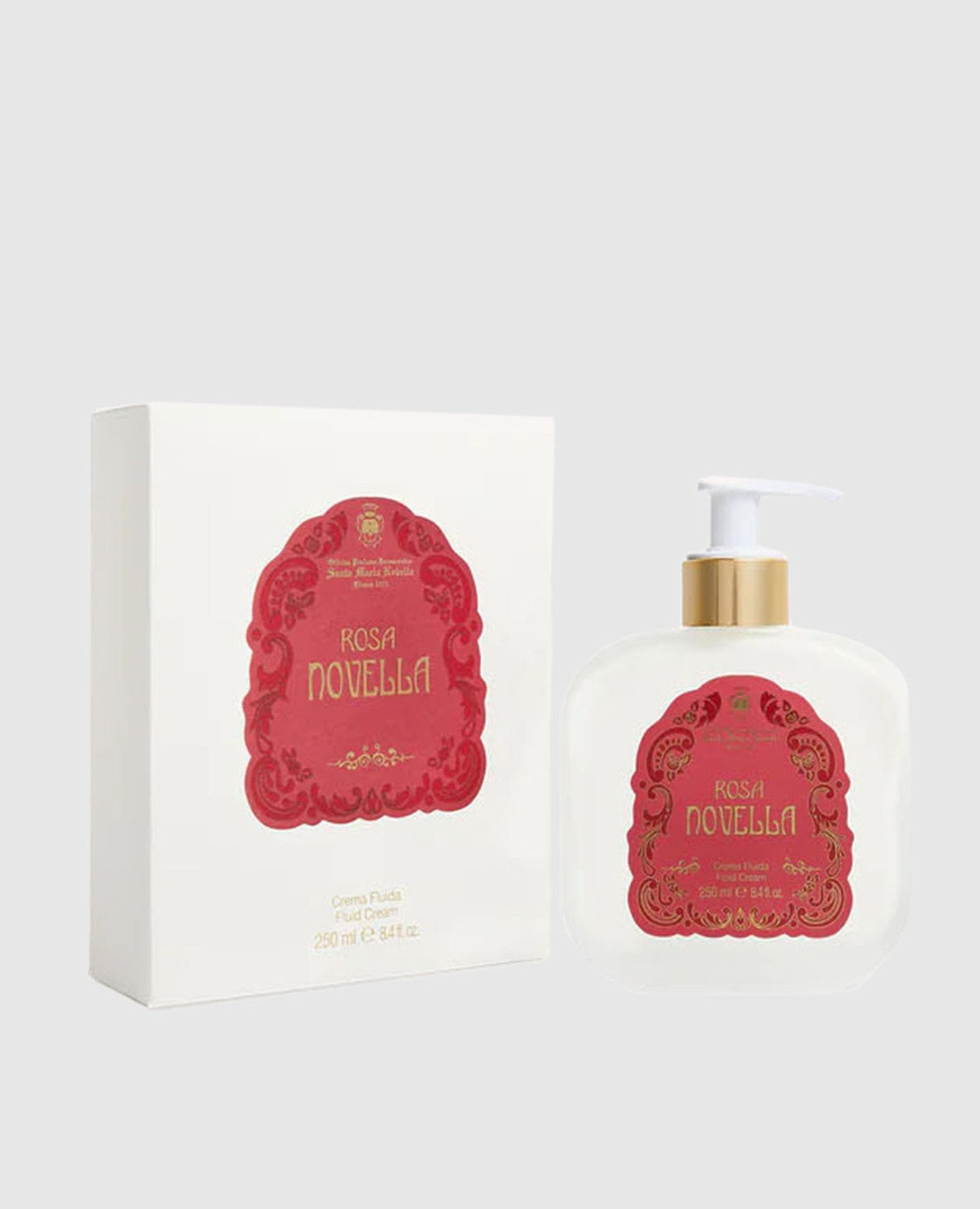 

Women's cream-fluid for the body Rosa Novella in a glass container with a dispenser of 250 ml Santa Maria Novella, White