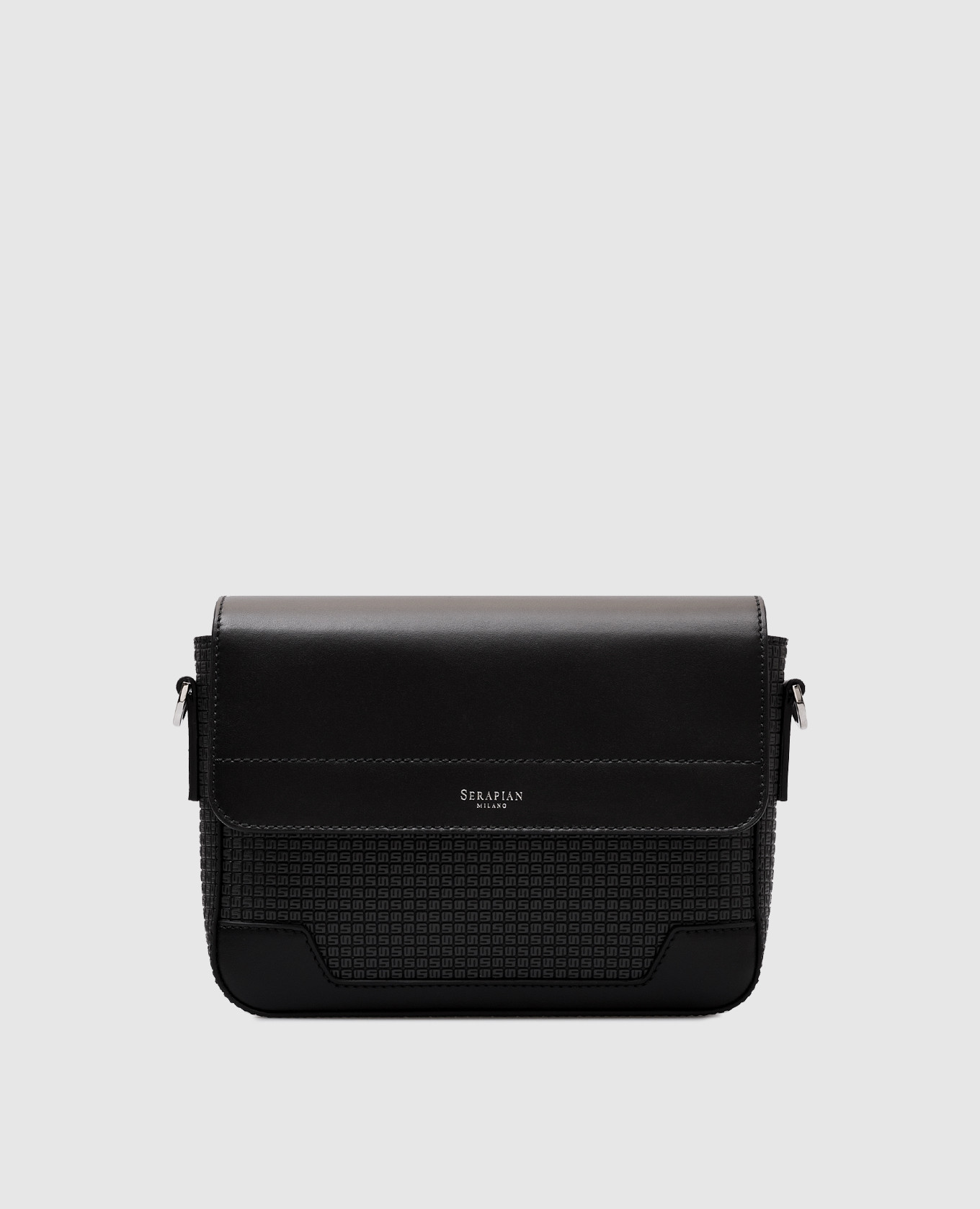 

Black leather FLAP messenger bag with logo Serapian