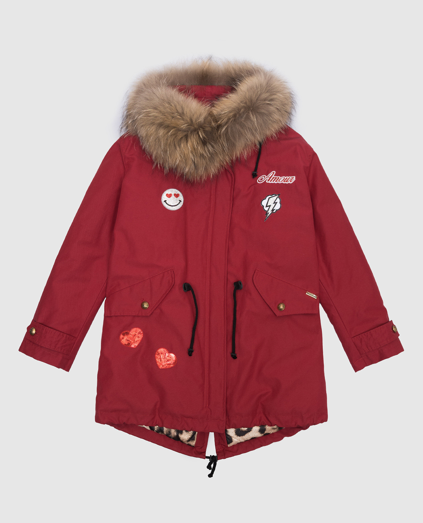 

Red children's fox fur parka with branded patches Marco del Forte