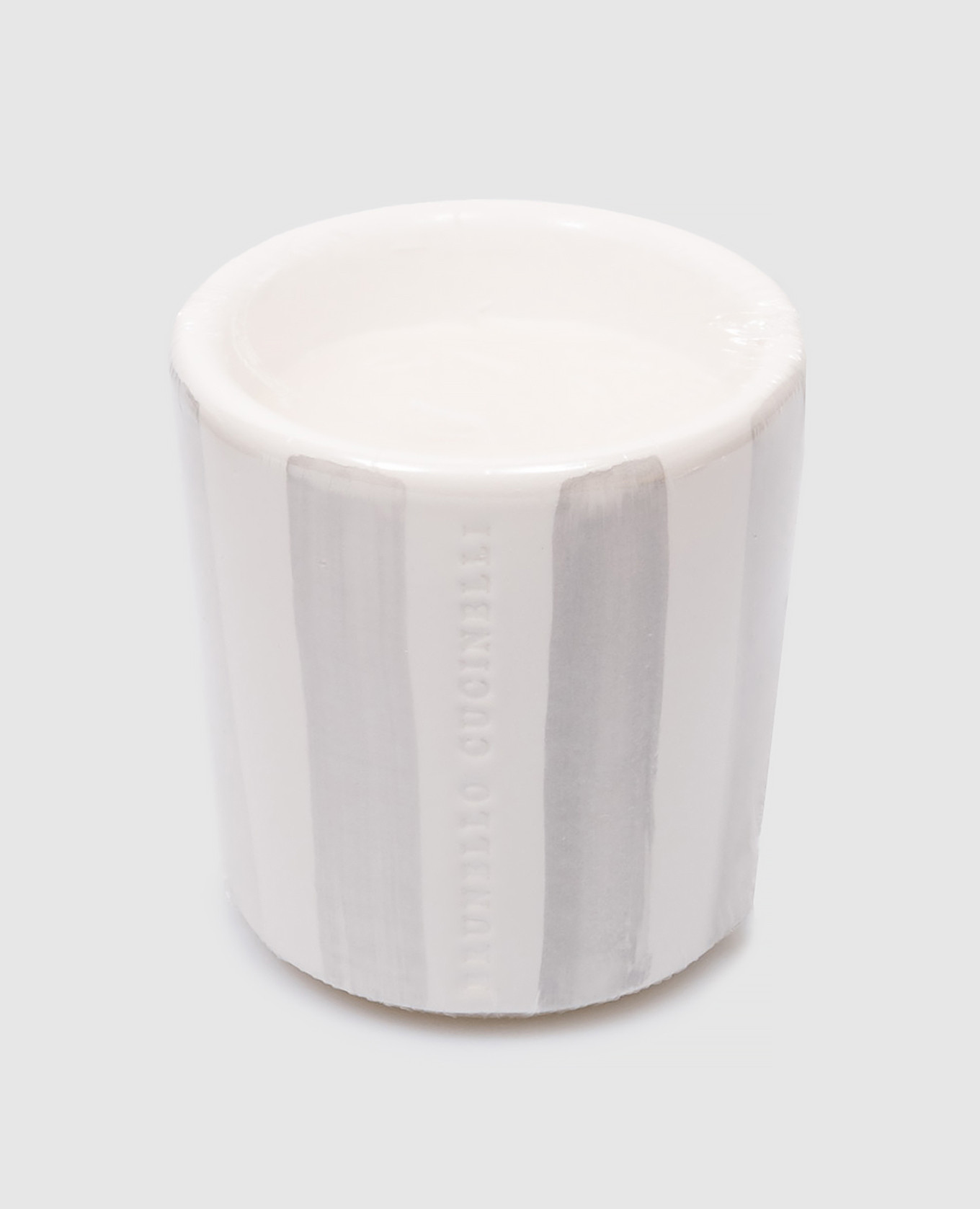 Scented candle in a gray striped ceramic candle holder with a logo Brunello Cucinelli