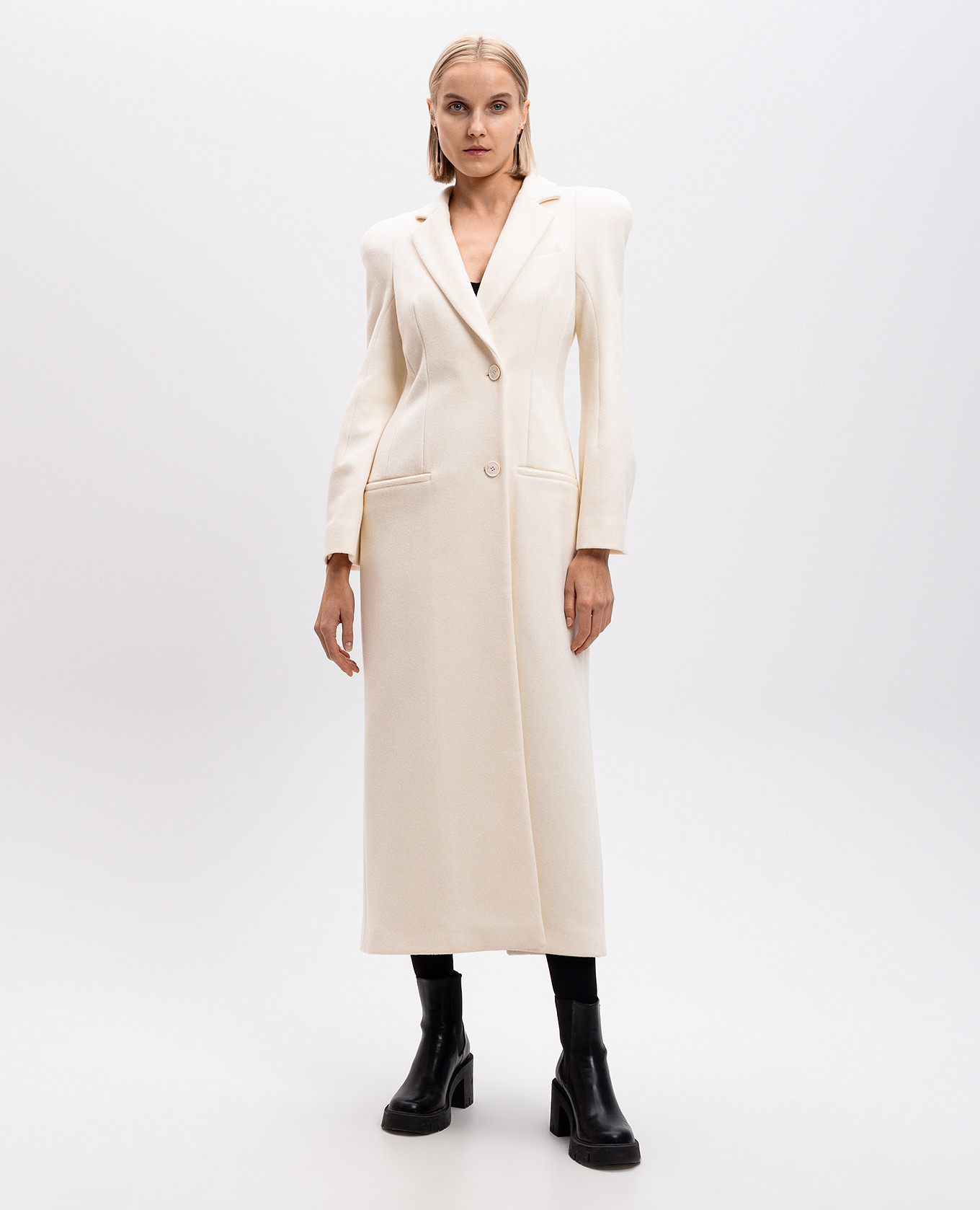 

White wool and cashmere double breasted coat with accent shoulders Alexander McQueen