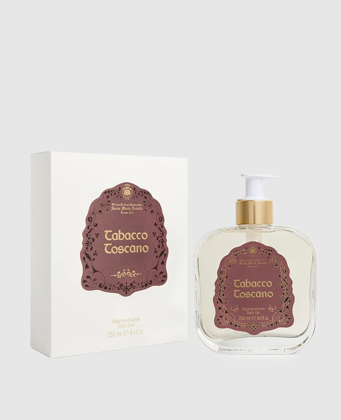 Men's shower gel tabacco toscano in a glass container with a dispenser of 250 ml santa maria novella