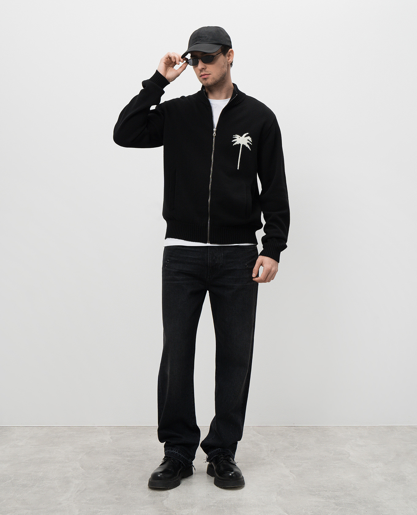 

Black merino wool cardigan with woven palm tree pattern Palm Angels