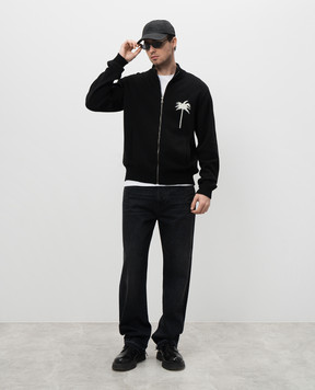 Palm Angels Black merino wool cardigan with woven palm tree pattern PMHA061S25KNI001