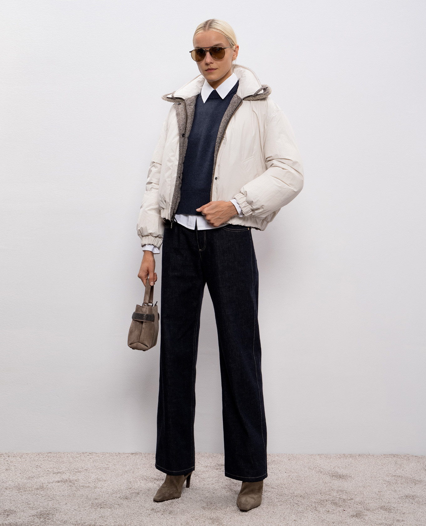 

Brown reversible down jacket with wool and fur Brunello Cucinelli