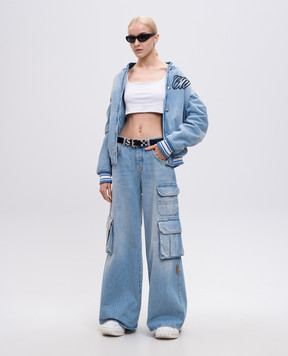 Off-White Blue denim bomber jacket with logo embroidery OWEK006S25DEN001