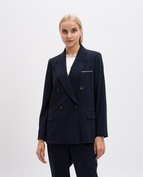 Peserico Blue double-breasted wool jacket with monil chain A01428U06753