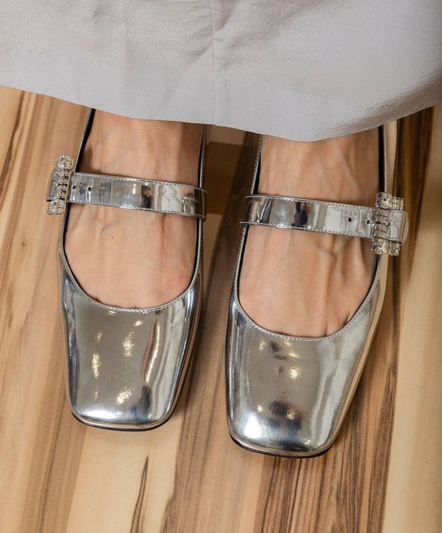 Sergio Rossi - Twenty Buckle silver leather ballet flats with