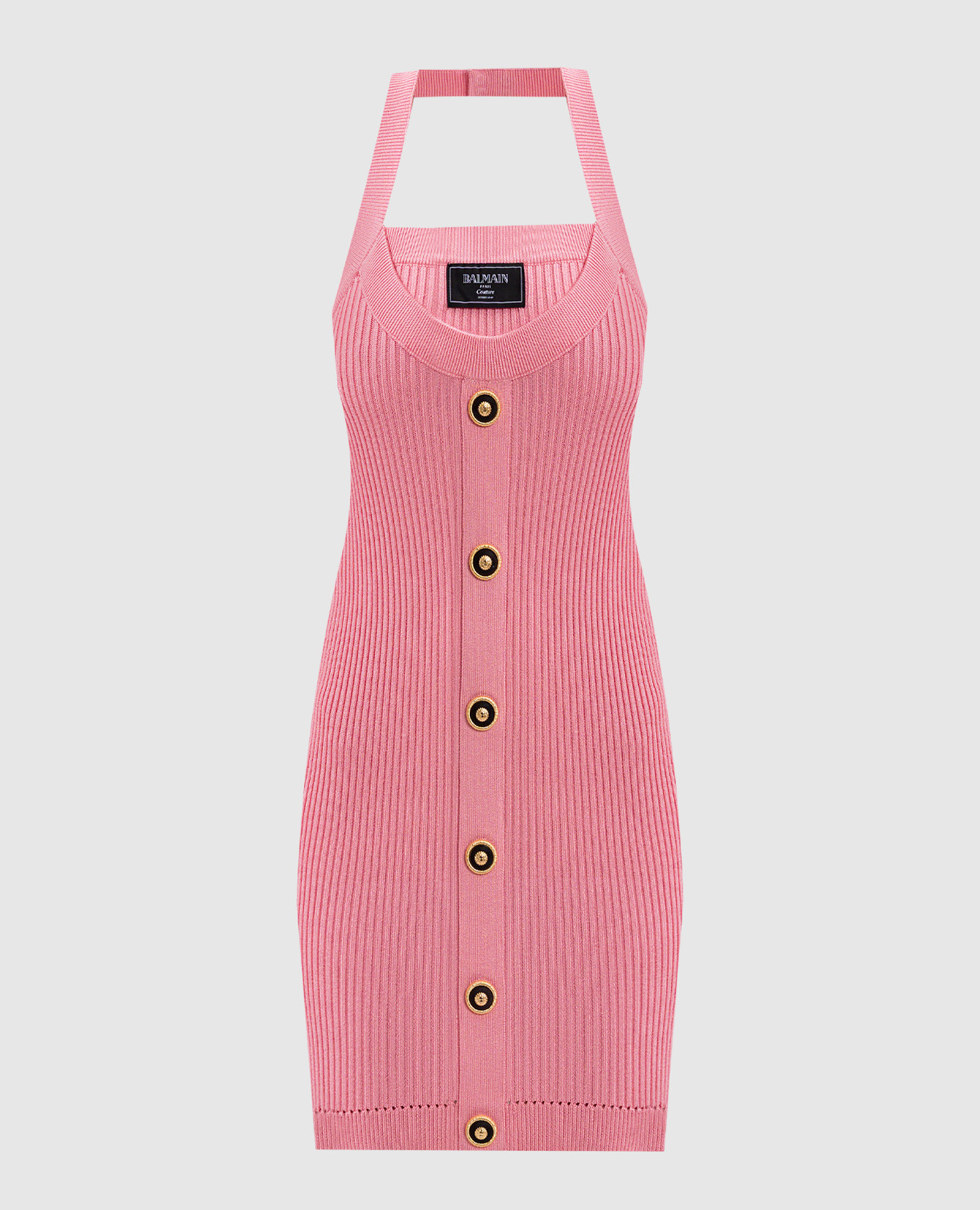 Pink ribbed mini dress with logo patch Balmain