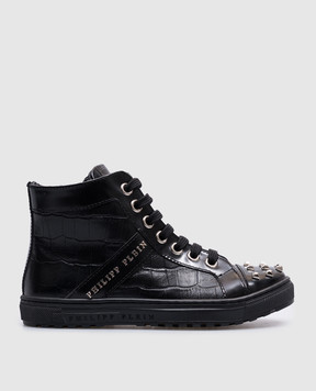 Philipp Plein Children's black leather sneakers with metal logo BSC00172935