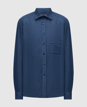 Stefano Ricci Blue linen shirt with embroidered monogram logo MC007718R2952