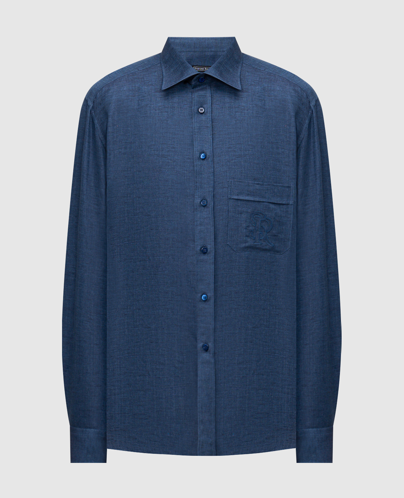 Blue linen shirt with embroidered monogram logo Stefano Ricci