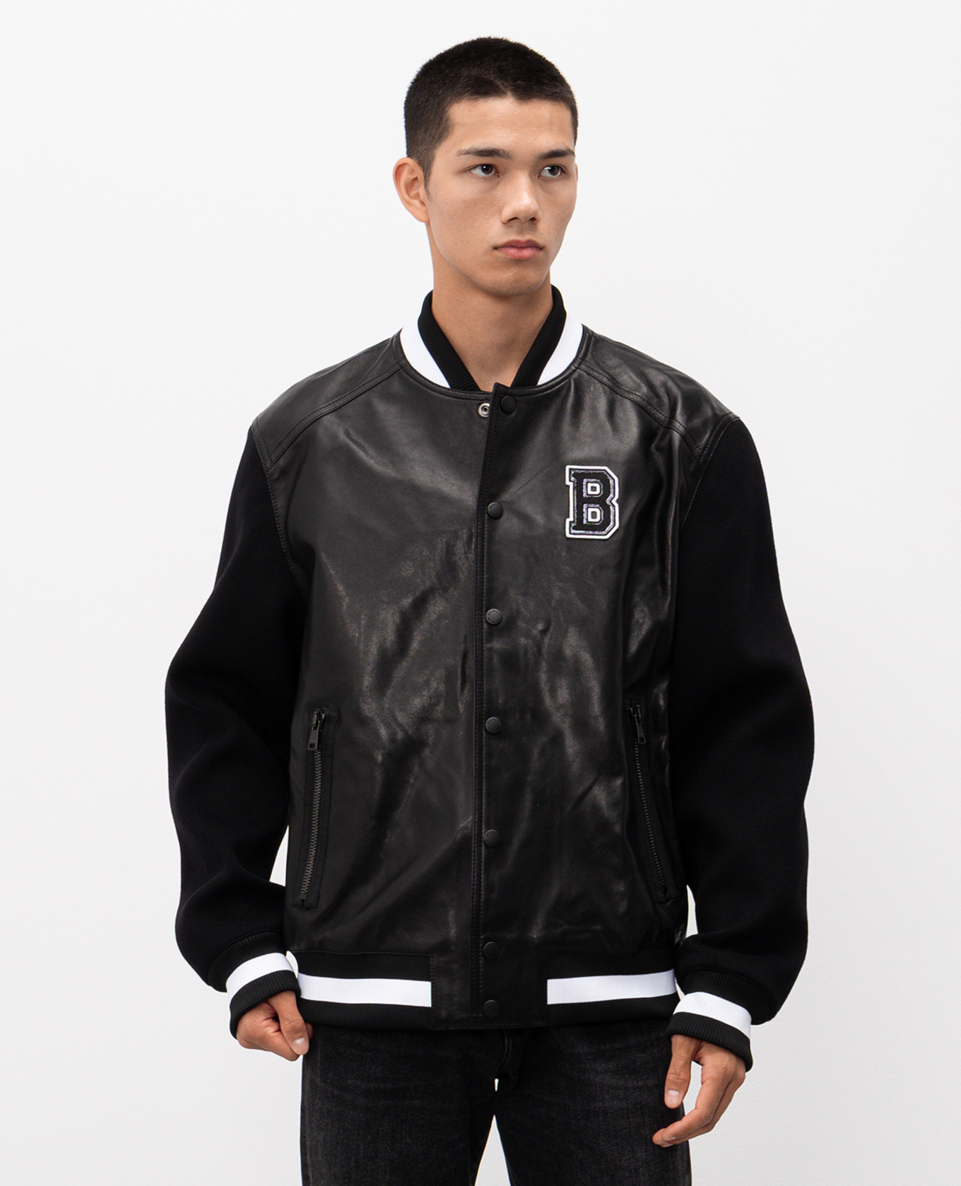 

Black leather bomber jacket with wool and cashmere with logo Balmain
