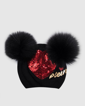 Philipp Plein Children's black merino wool hat with sequins GAC0005
