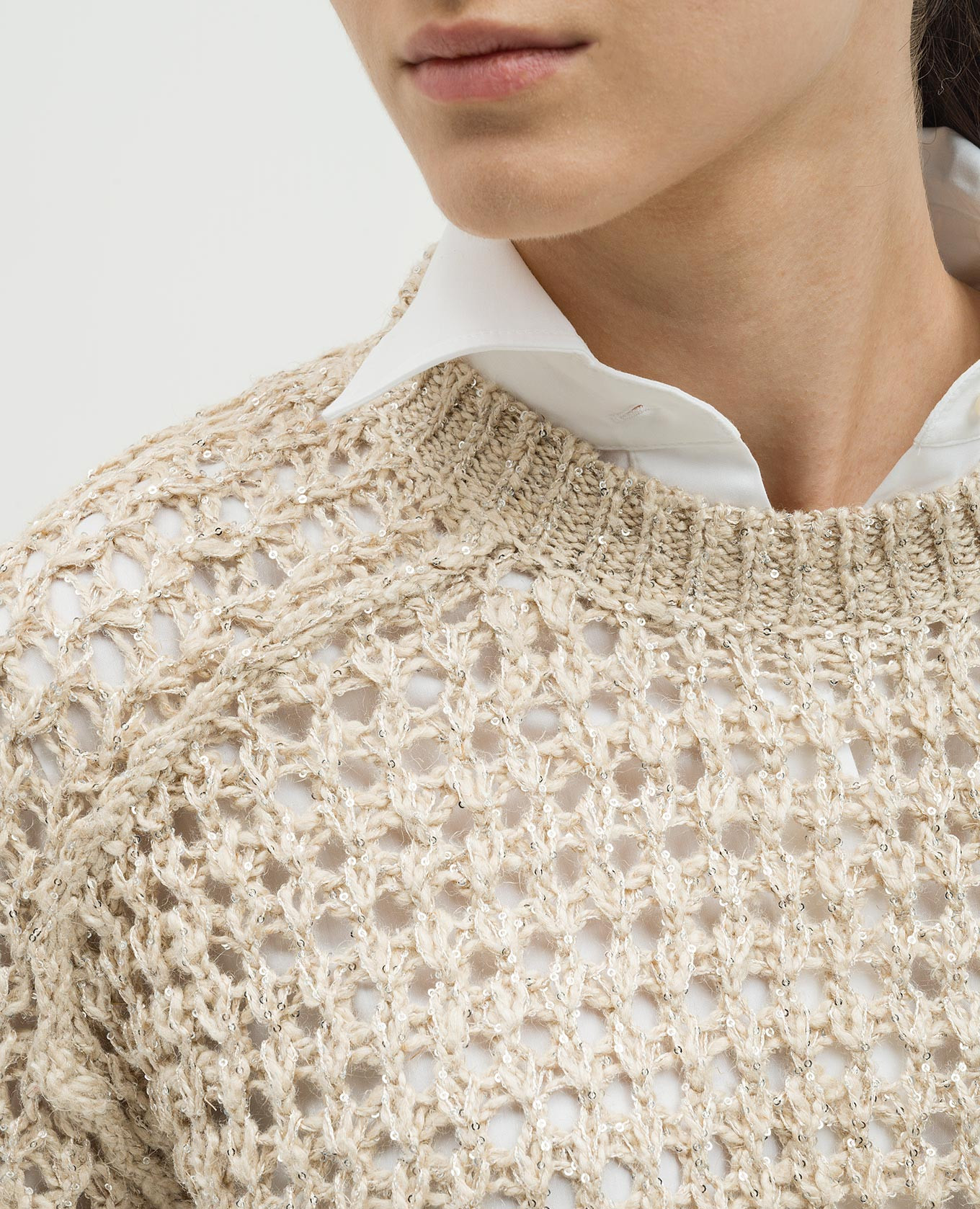Beige openwork sweater with silk and linen with sequins Brunello Cucinelli 5