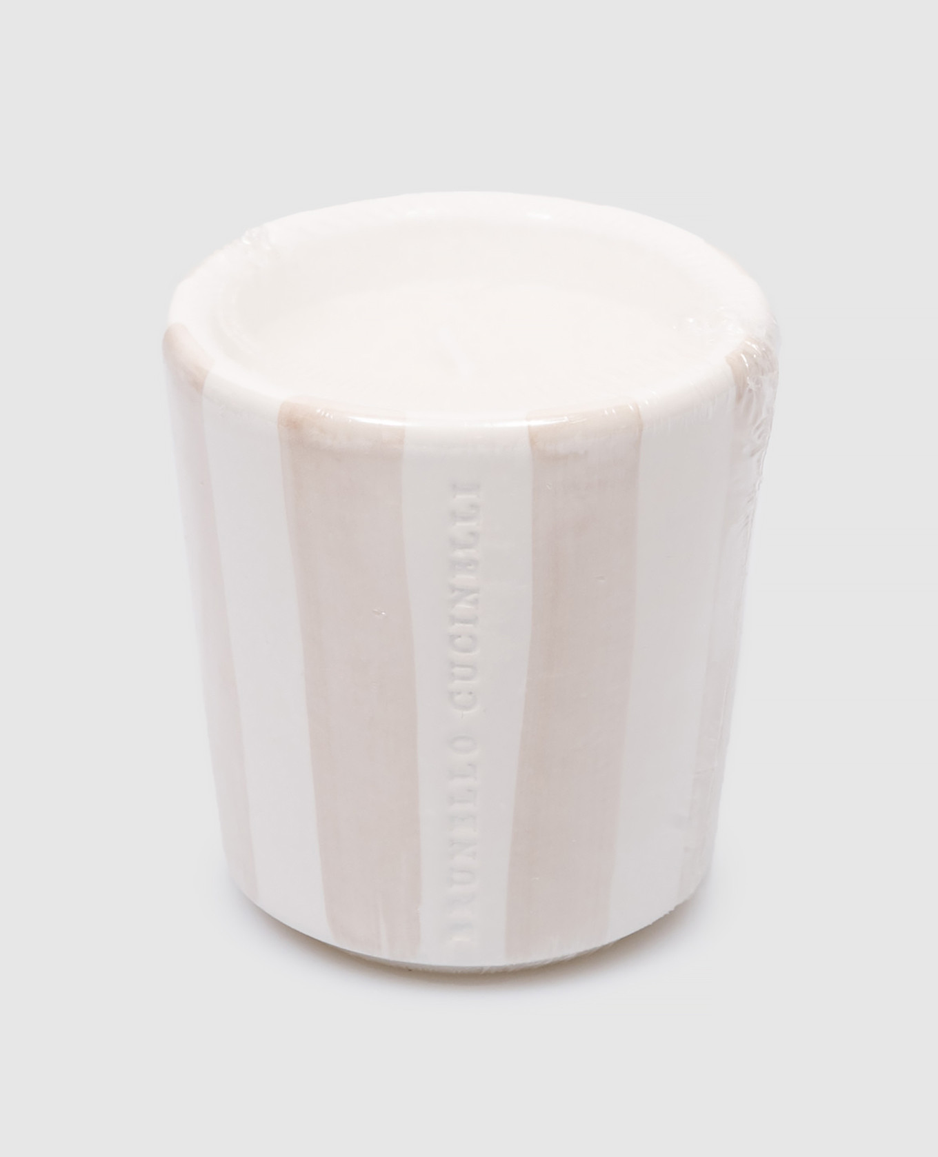 

Scented candle in a ceramic candle holder in a beige stripe with a logo Brunello Cucinelli, White