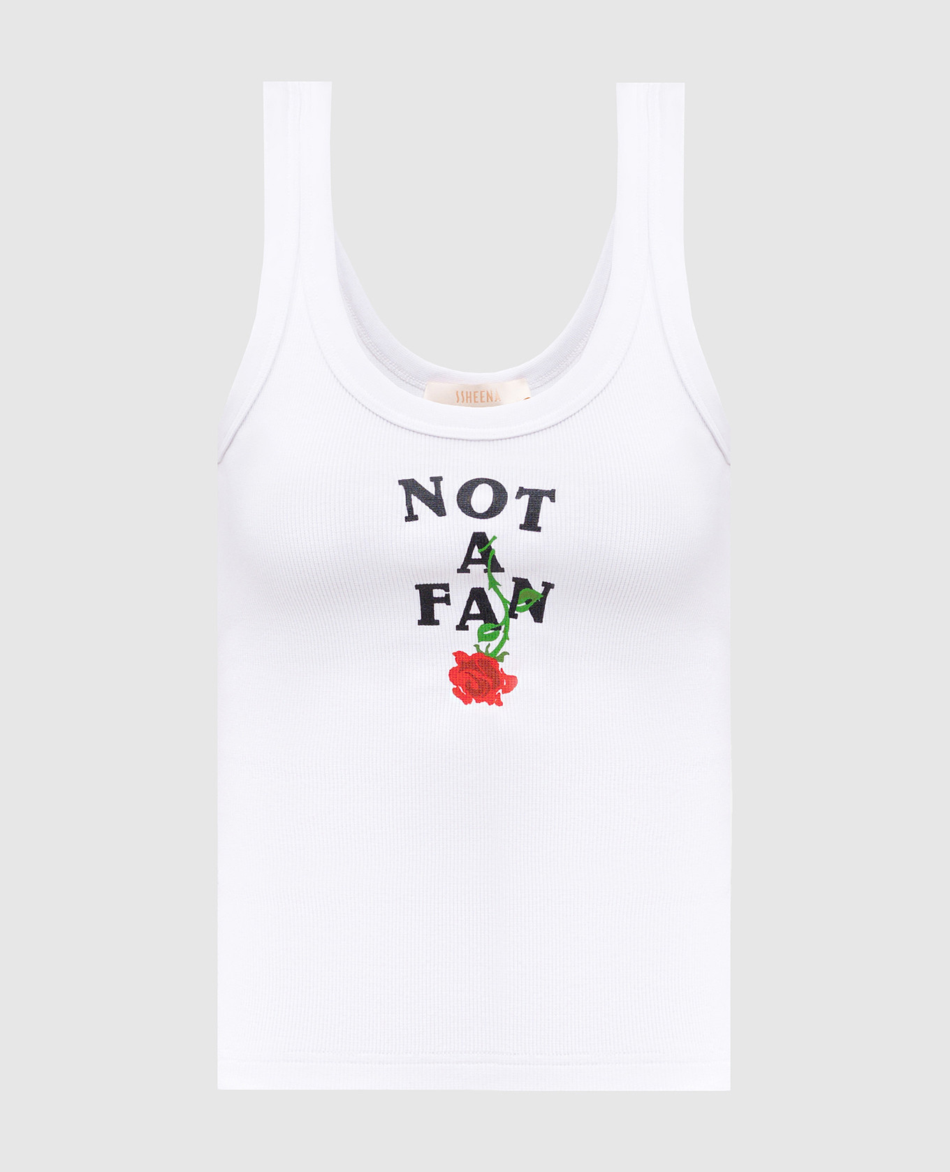 White ribbed top with &quot;Not a fan&quot; print SSHEENA