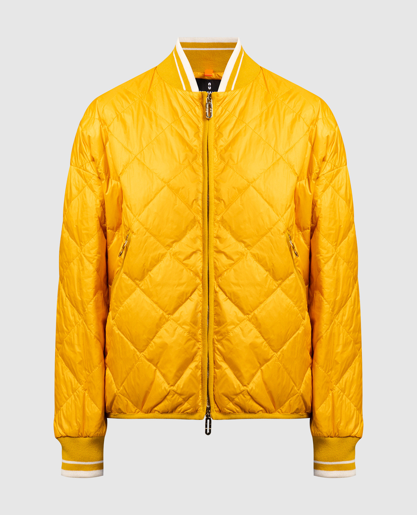 Yellow quilted down jacket with metallic logo stilnology