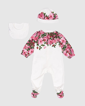 Dolce&Gabbana Children's set of overalls, hat and bib in a floral print L2JO2YII7E8