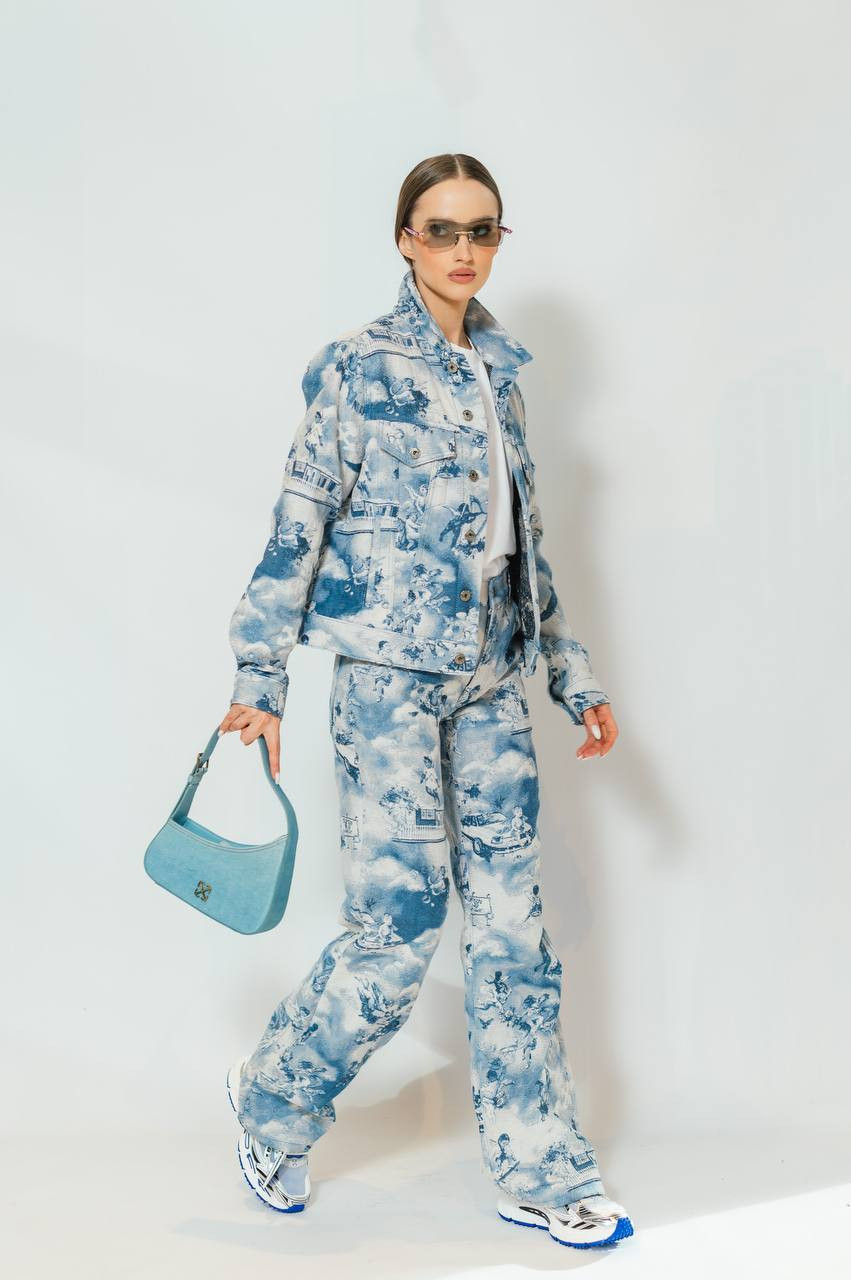 

Blue denim jacket with Tapestry fresco pattern Off-White, Light blue