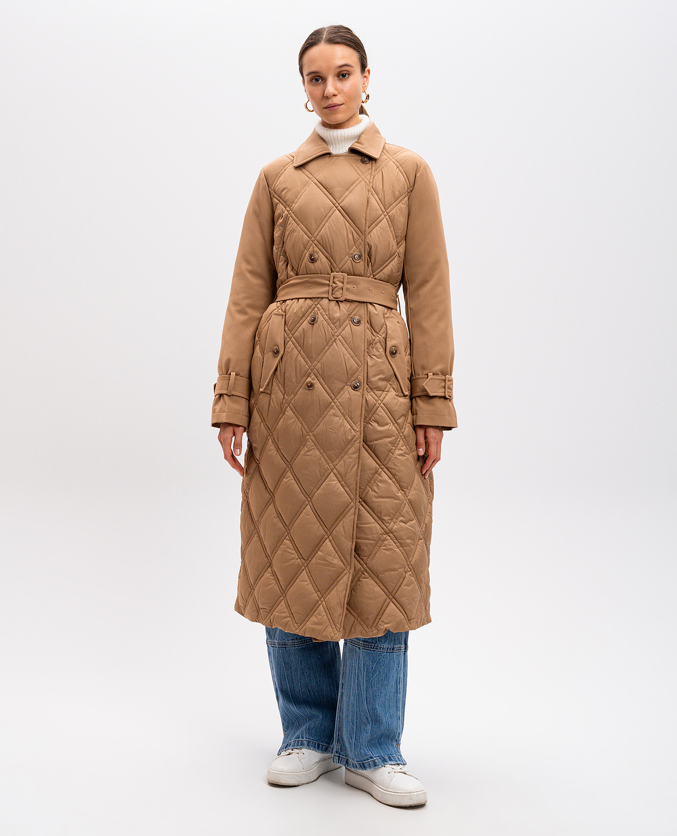 

Brown double breasted quilted coat with metallic logo Twinset
