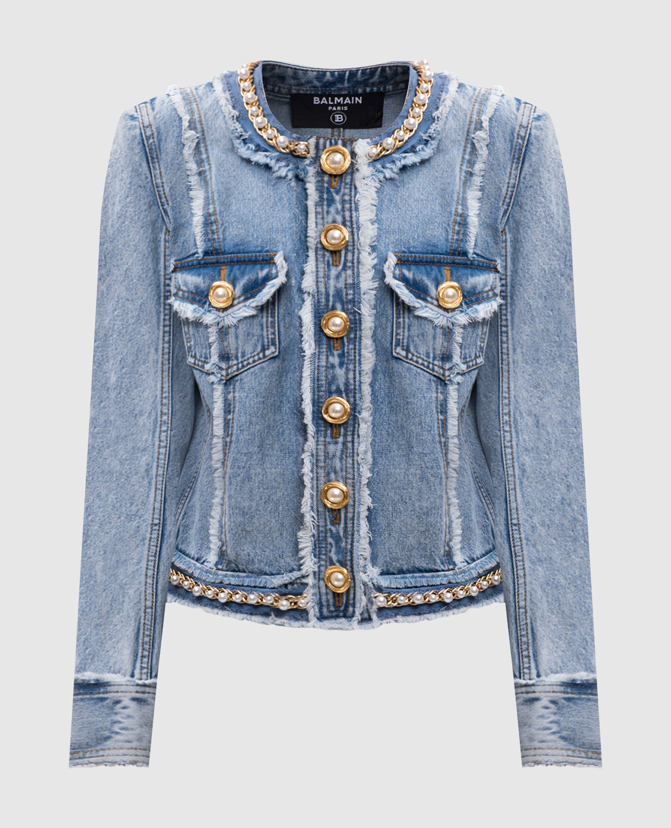 

Blue denim jacket with beads Balmain, Light blue