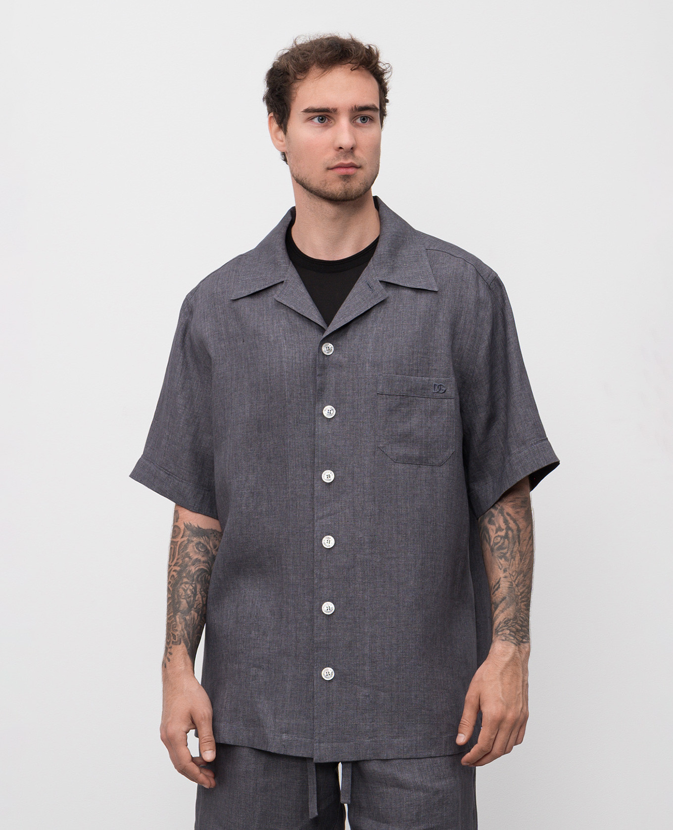 

Grey linen shirt with DG logo monogram embroidery Dolce&Gabbana
