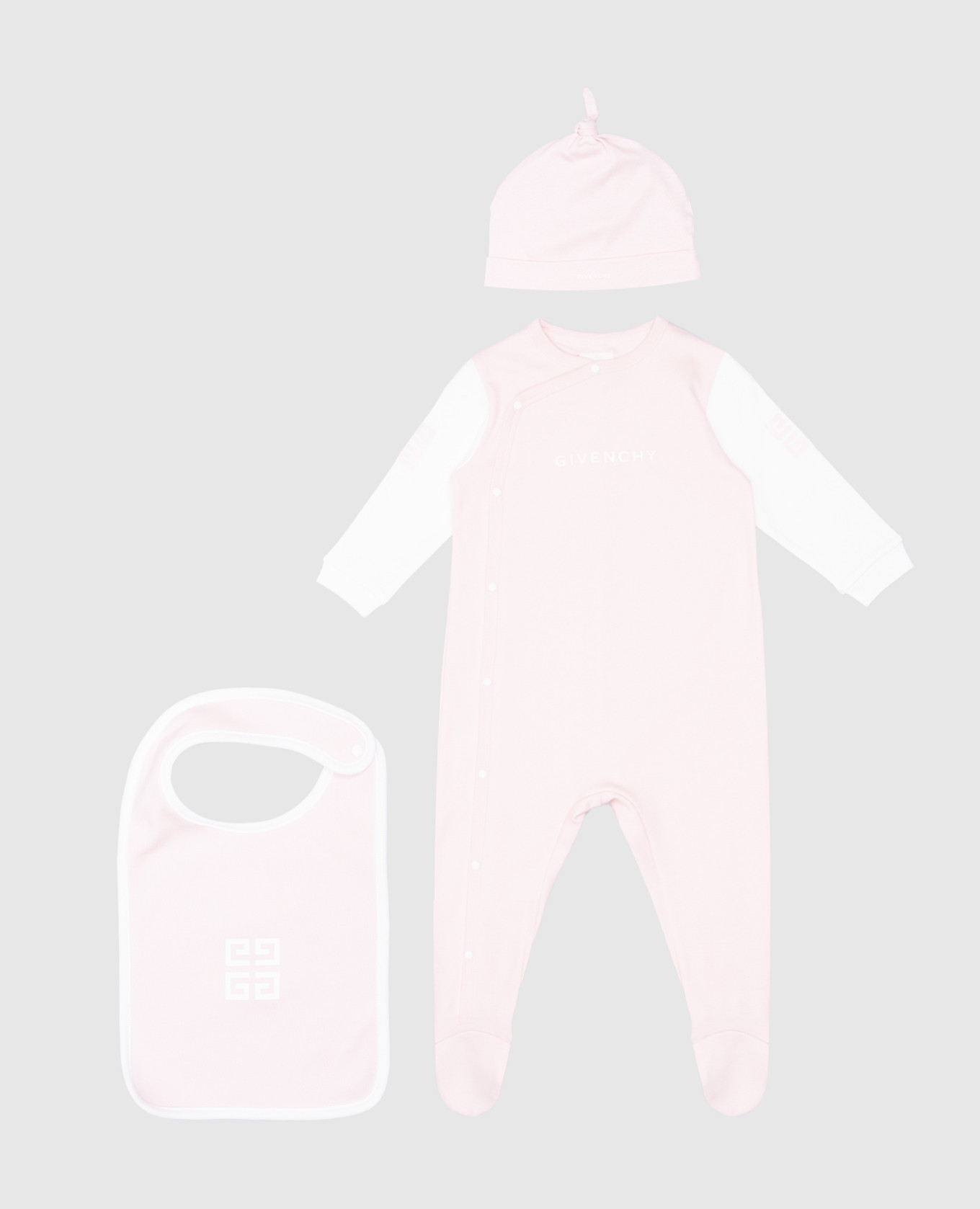 Children&#39;s pink set of overalls, cap and bib with logo Givenchy