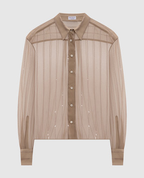 Brunello Cucinelli Beige silk blouse with sequin stripes MP940RI506