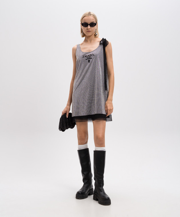 Prada - Silver dress with crystals and logo pattern