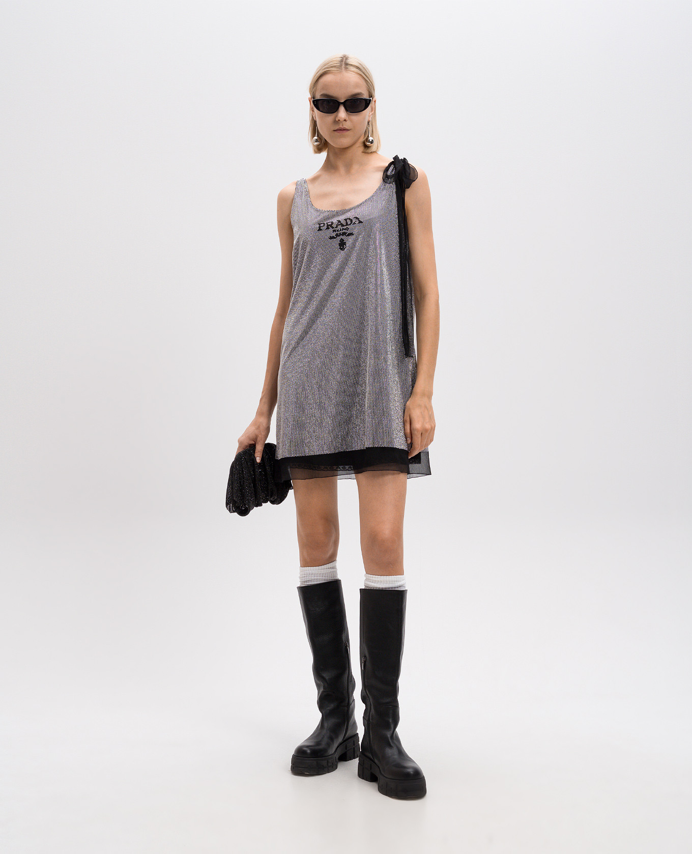 

Silver dress with crystals and logo pattern Prada