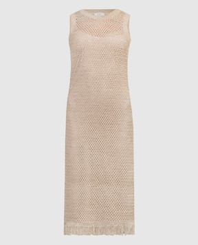 Peserico Beige openwork linen dress with fringe S82100F0709106