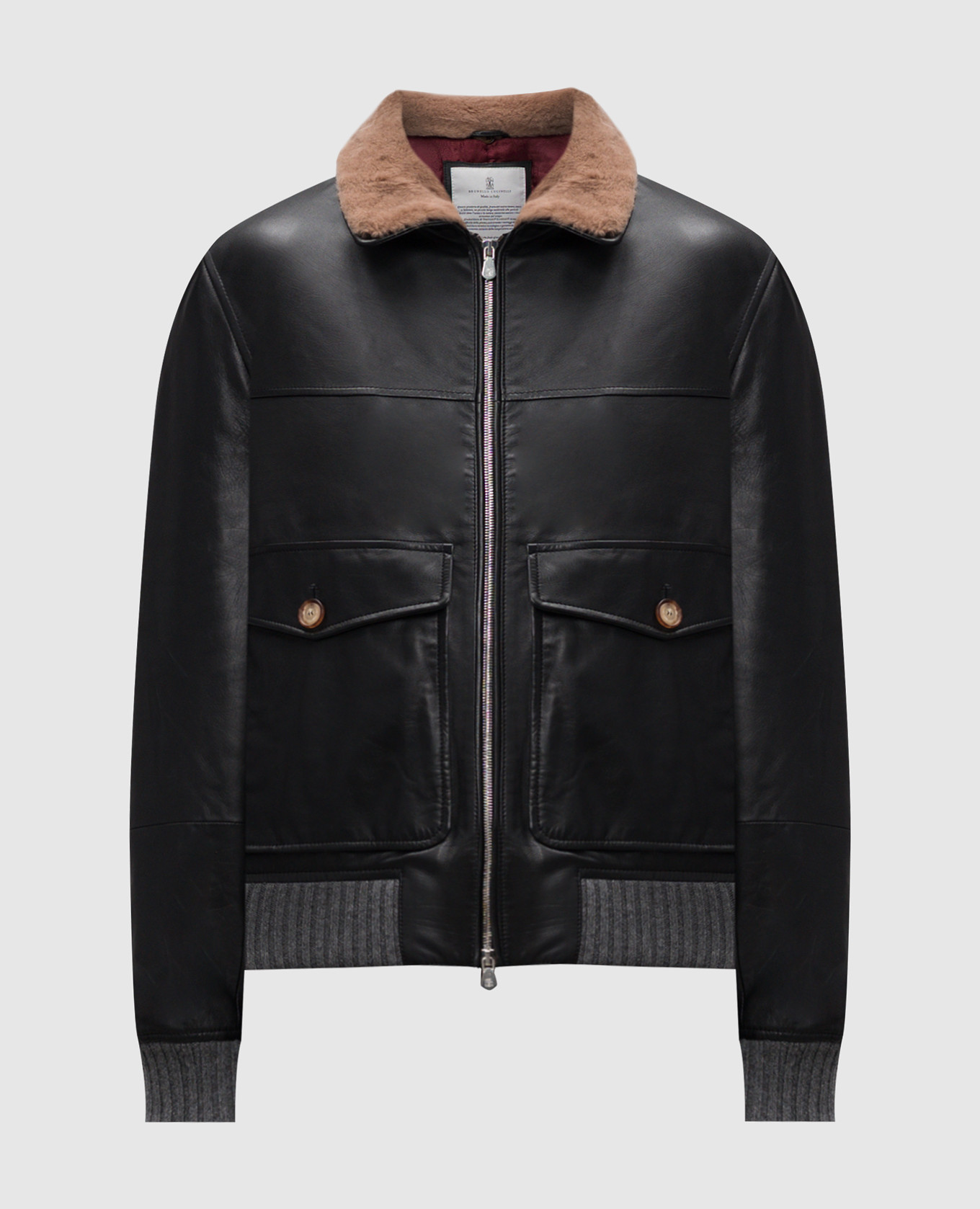 Black leather jacket with fur brunello cucinelli