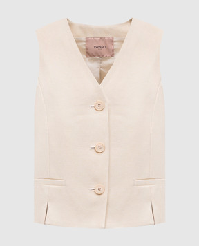 Twinset Beige linen vest with logo emblem 251TP2761